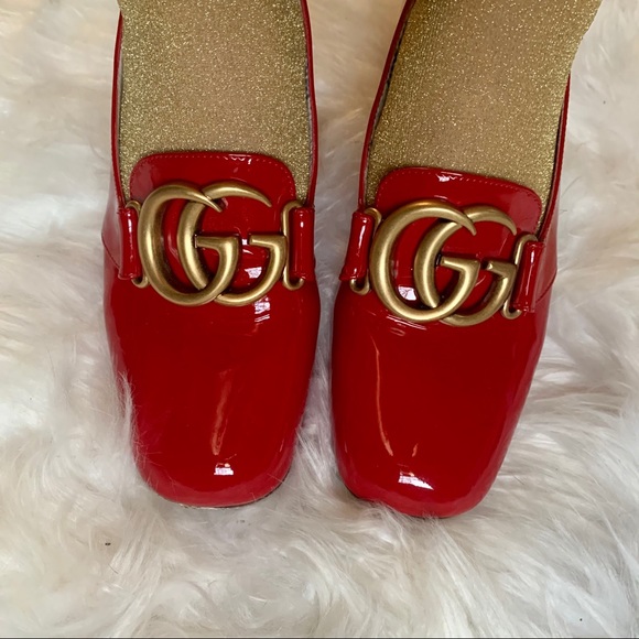 GUCCI Red Patent Vernice Block Heel GG Pumps - Picture 3 of 9